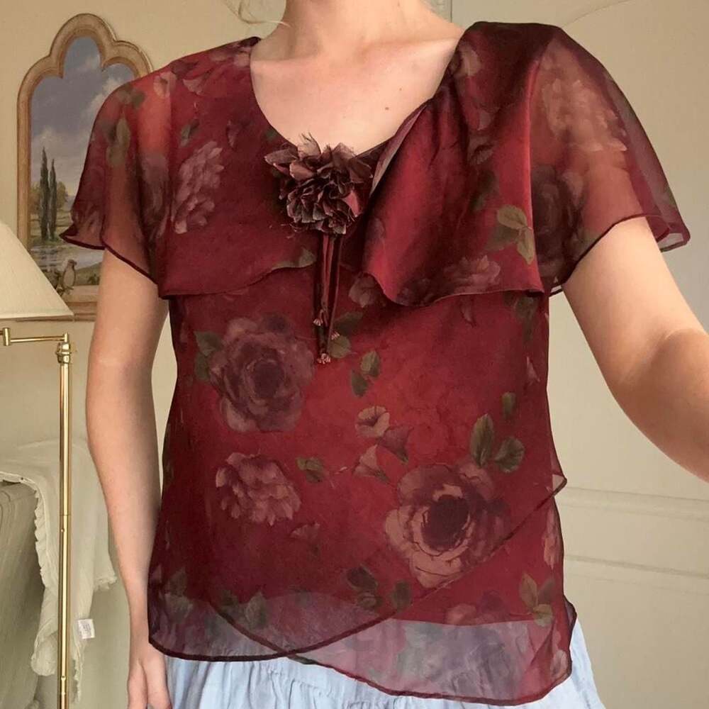 Vintage Burgundy Floral Fairy Ruffle Chiffon Blouse